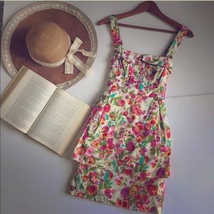 Floral tiered sundress tie belt layered buttons- M